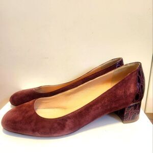 J. Crew "Evelyn" Maroon Suede Croc Embossed Block Heel Suede Pumps Sz.8 Ret $198